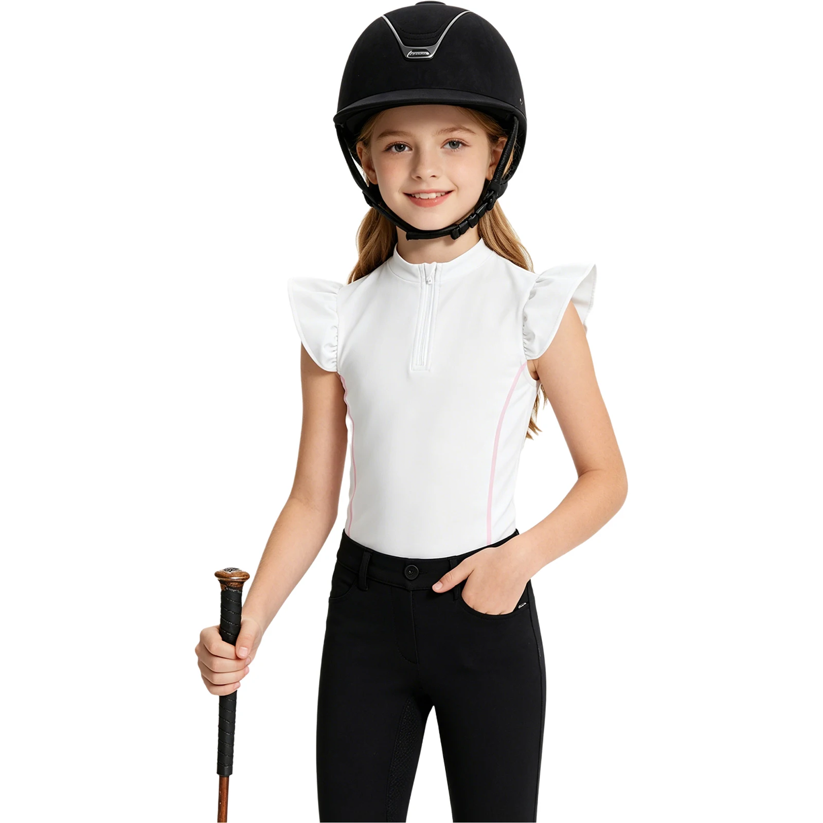 Kids Girls Horse Riding Shirt Long Sleeves Equestrian Stand Top Zip-up Quick-Drying Sports Shirt Horsemanship Workout Sportswear