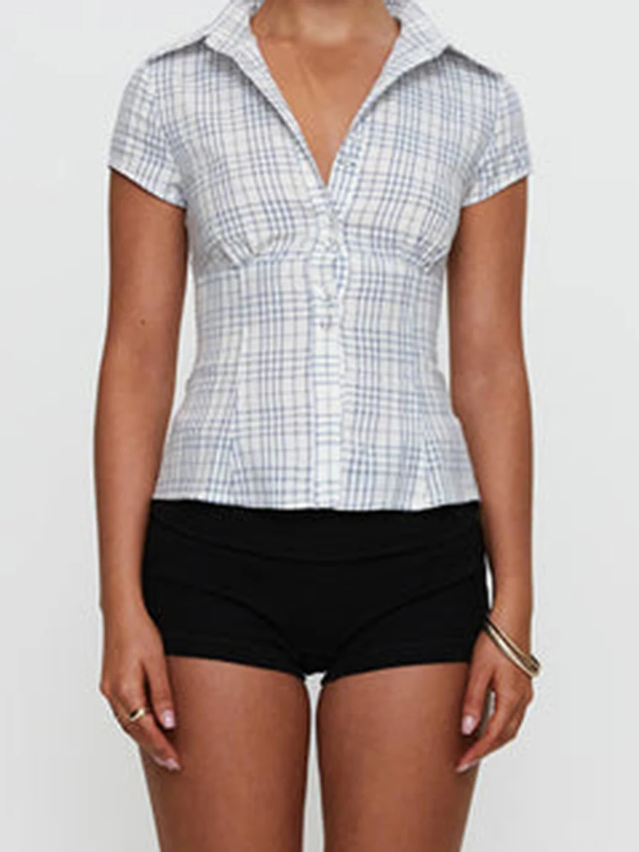 

New Fashion Womens Plaid Shirt Button-Up Short Sleeve Collared Slim Fit Casual Summer Blouse Tops Hot Sale S M L