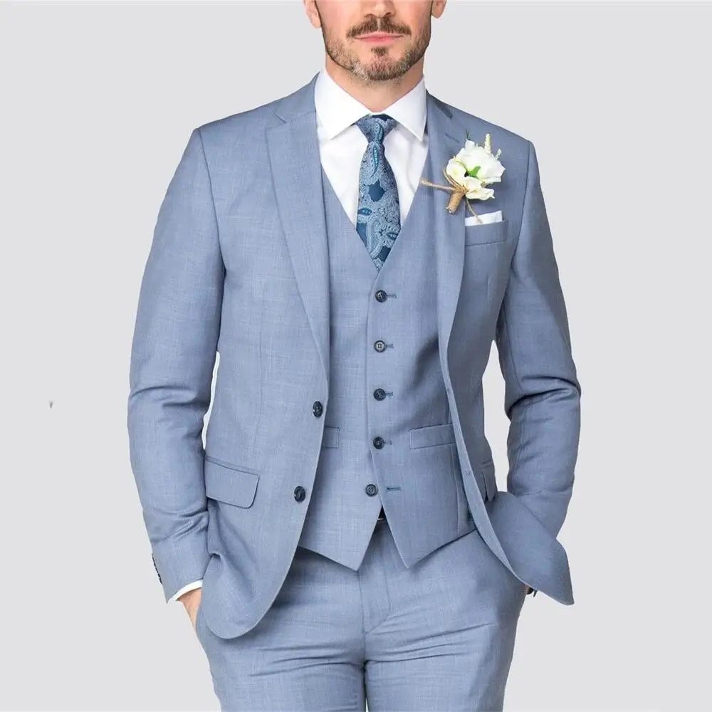 Classic Light Blue Men Suit Formal Business Blazer Party Wedding Groom Slim Fit 3 Pieces Set Jacket Pants Vest Costume Homme