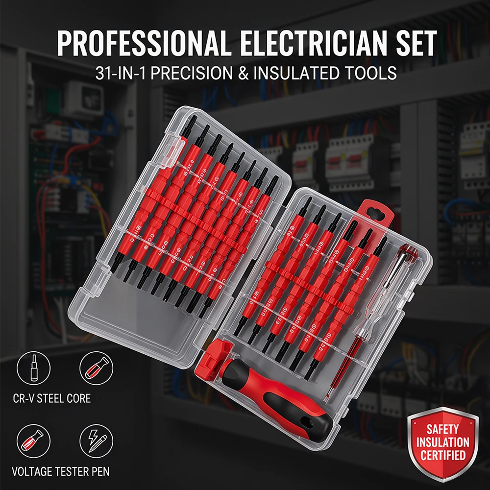 Insulated Screwdriver Set 18-31 in 1 Electrician Maintenance Tools Kit CRV Tip Magnetic Dual Head Precision Removable Bits