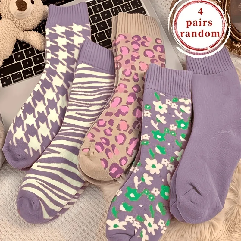 4 Pairs Mixed Random Colors Winter Thickened Fleece Purple-Toned Socks Women'S Sleep Comfortable Warm Winter Mid-Calf Socks