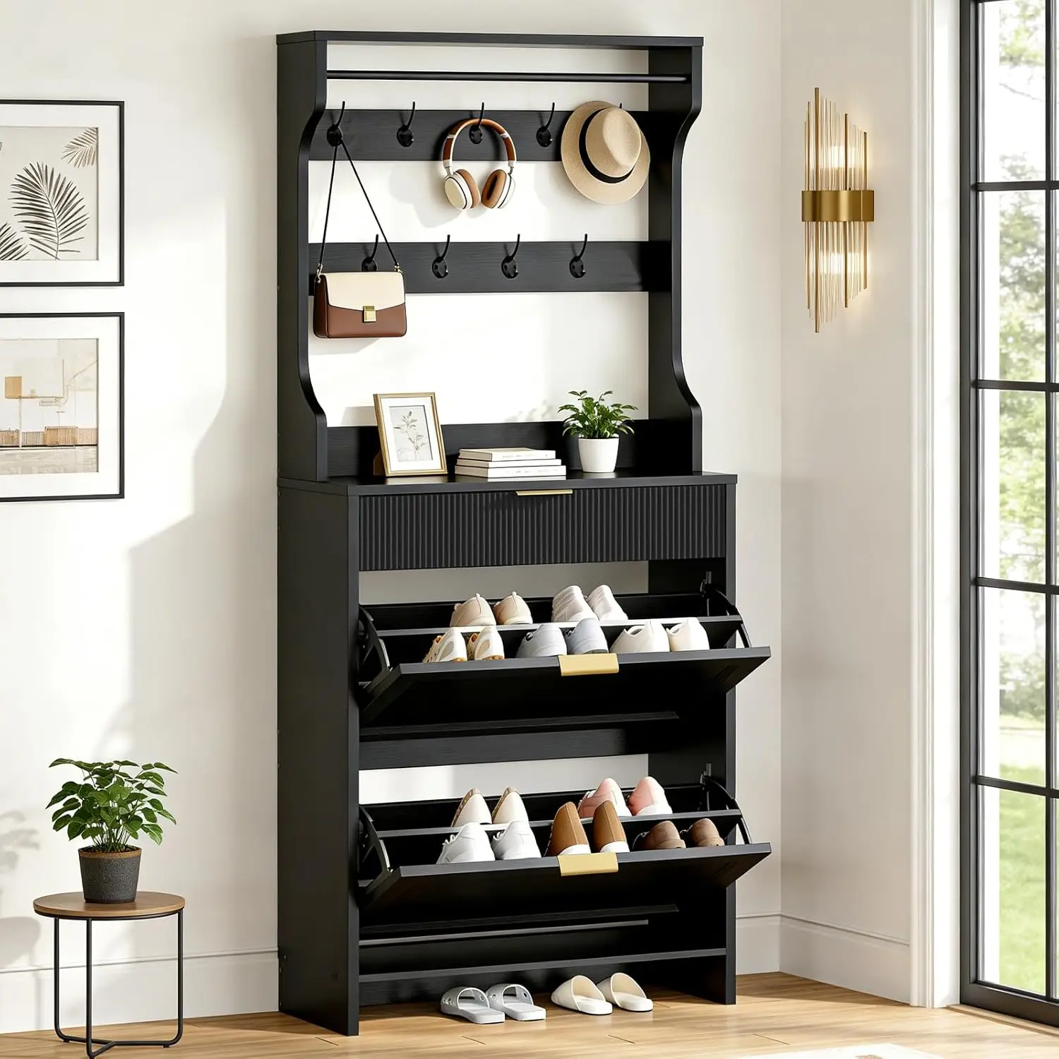 

Tall Shoe Cabinet Coat Rack Narrow Hidden Storage 2 Flip Drawers Hall Tree Slim Hooks Entryway Black, Customized