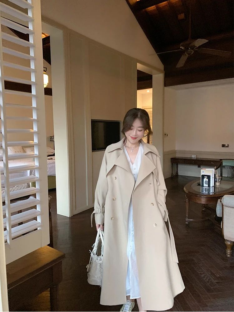 Creamy-white Trench coat Outerwear Women Mid-Length Versatile Spring and Autumn New Korean Series Small British Popular