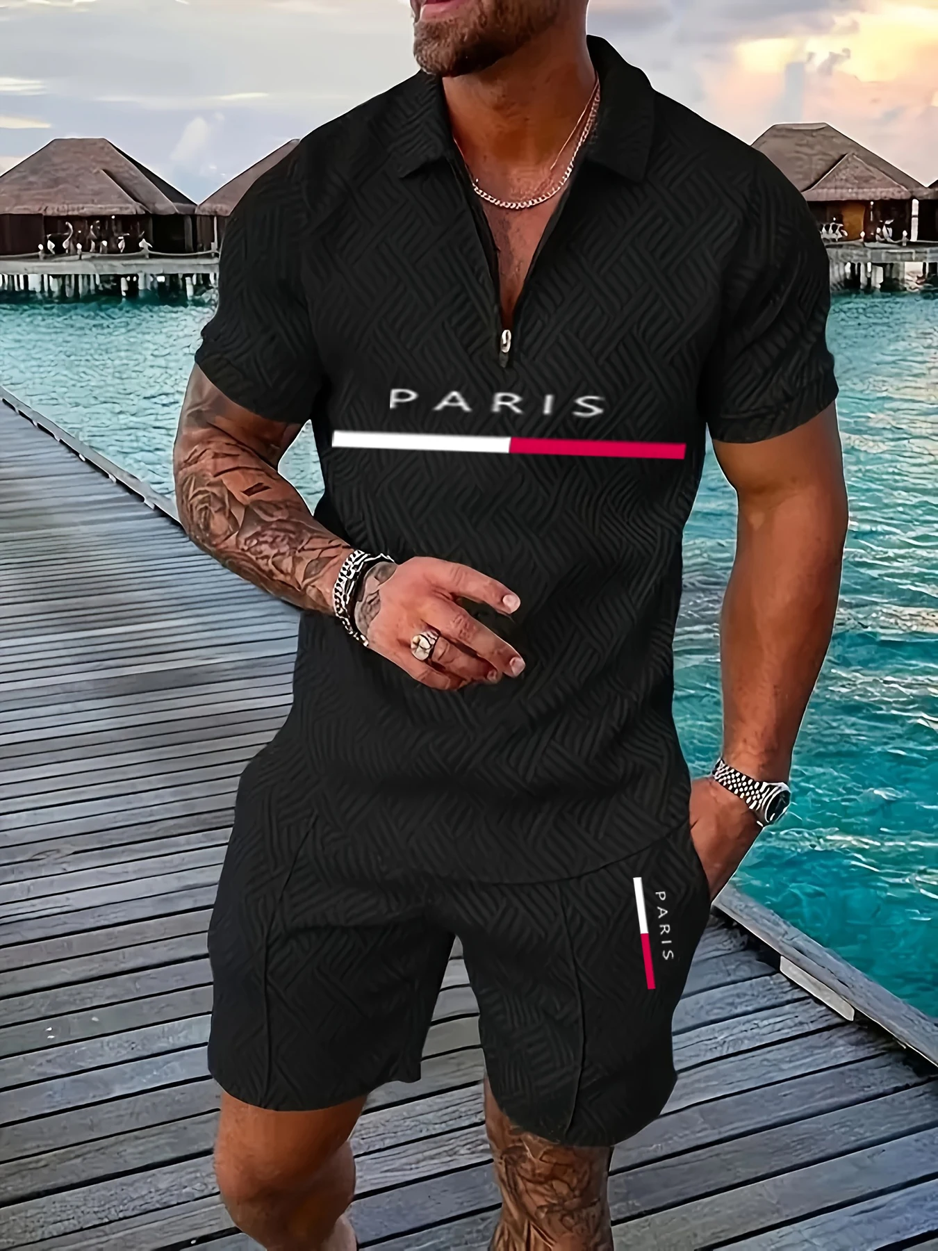 

Fashion Luxury Men's Sets Casual Zip Short Sleeve Polo Shirts Shorts 2 Piece Outfit Men Sports Clothing Summer Street Loose Suit