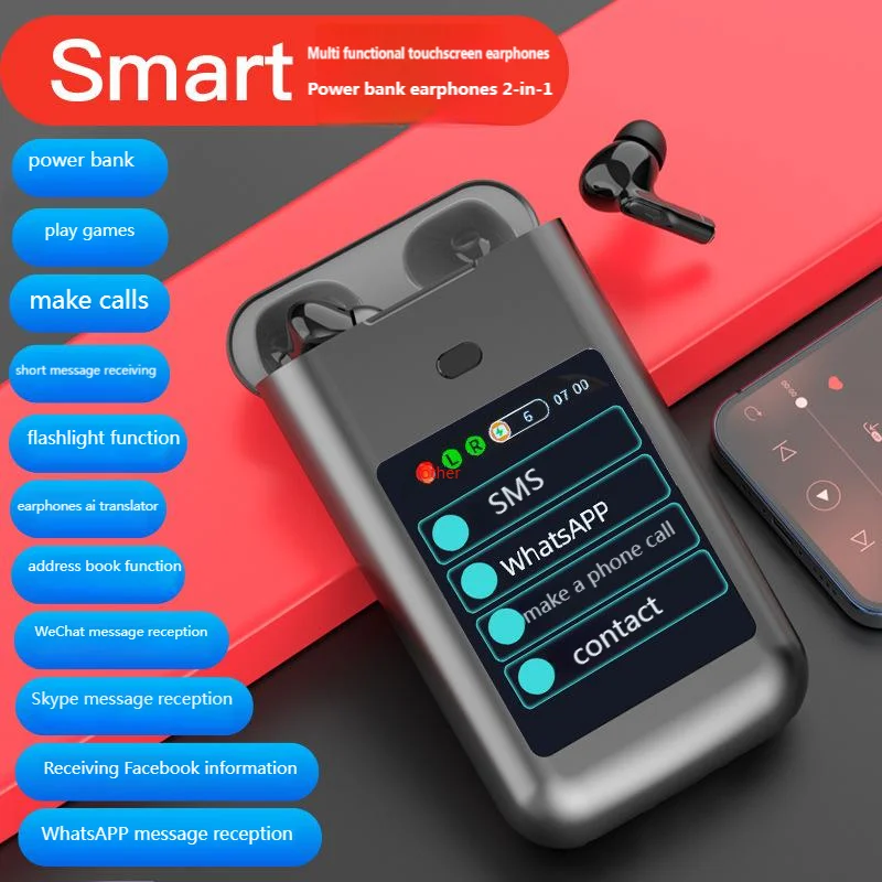 

Bluetooth Earphones Power Bank 2-in-1 Ai Translator Make Calls Play Games Flashlight Smart Touch Screen Wireless Headphones