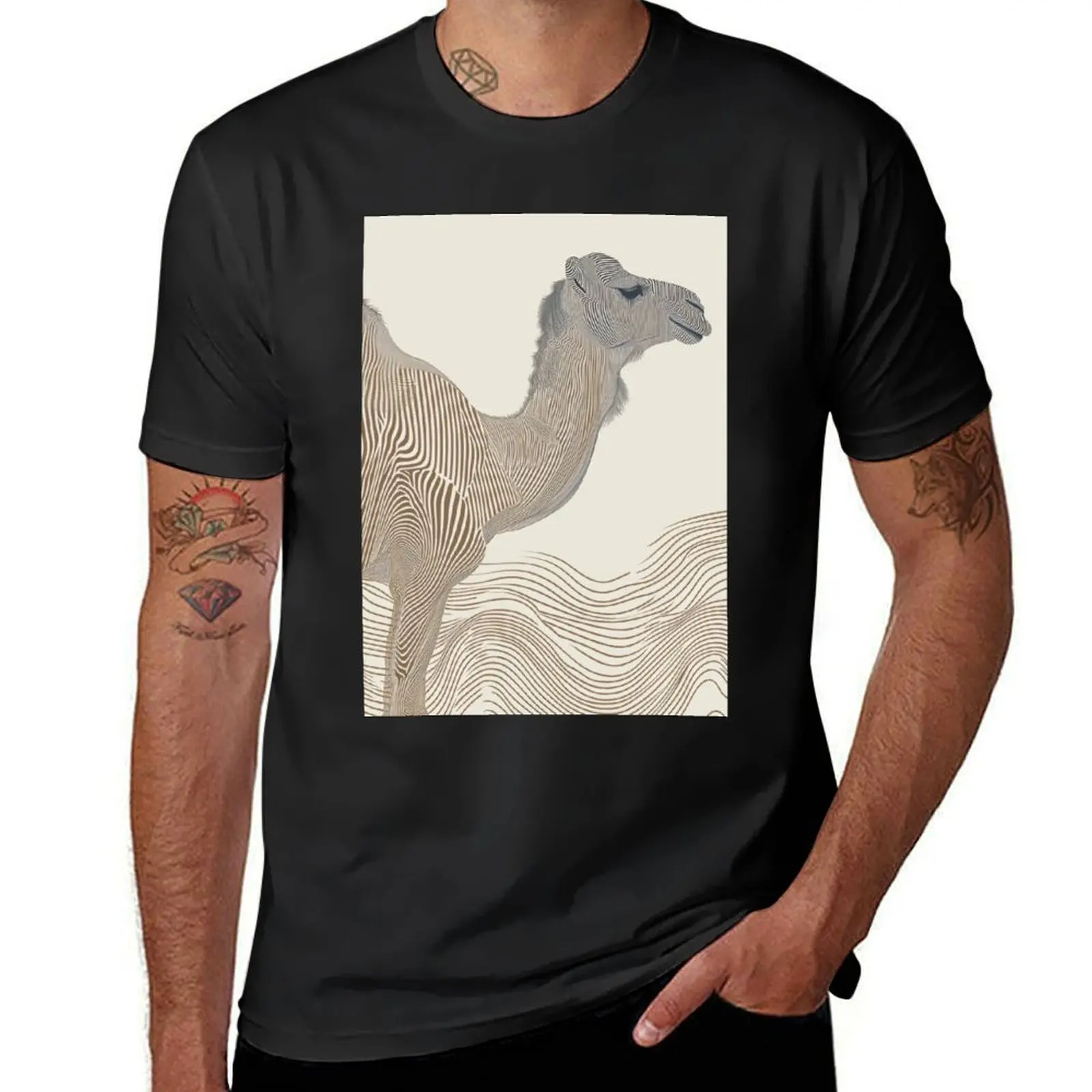 Linear Image of a Camel: Minimalistic Elegance in an Abstract Graphic Design T-Shirt Blouse hippie clothes mens t shirt