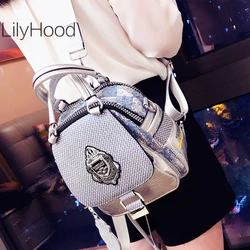 Female Small Distressed Denim Checker Convertible Handbag Backpack Women Travel Multi Pockets Shiny Paillette Silver Bagpack