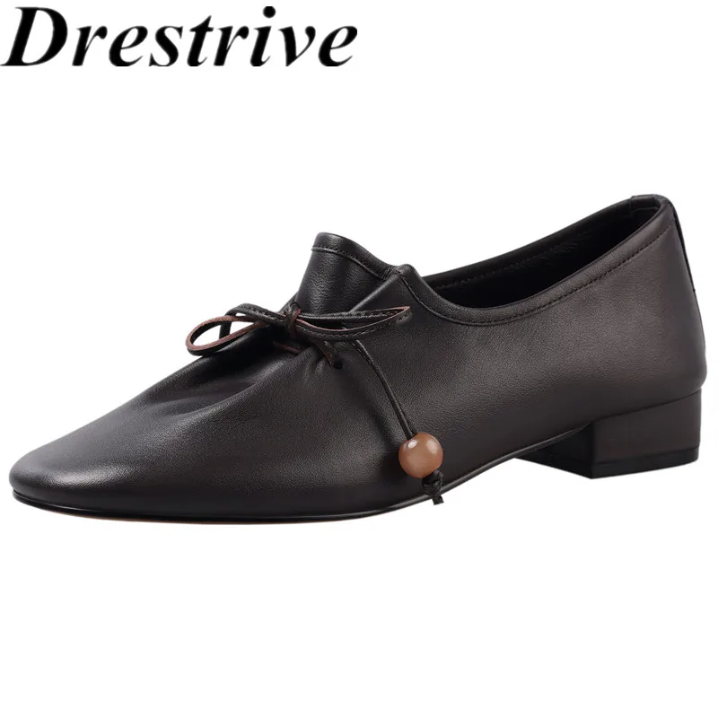 

Drestrive 2025 Spring Handmade Loafers Round Toe Cow Leather Thick Low Heels Casual Shoes Women's Pumps Top Quality