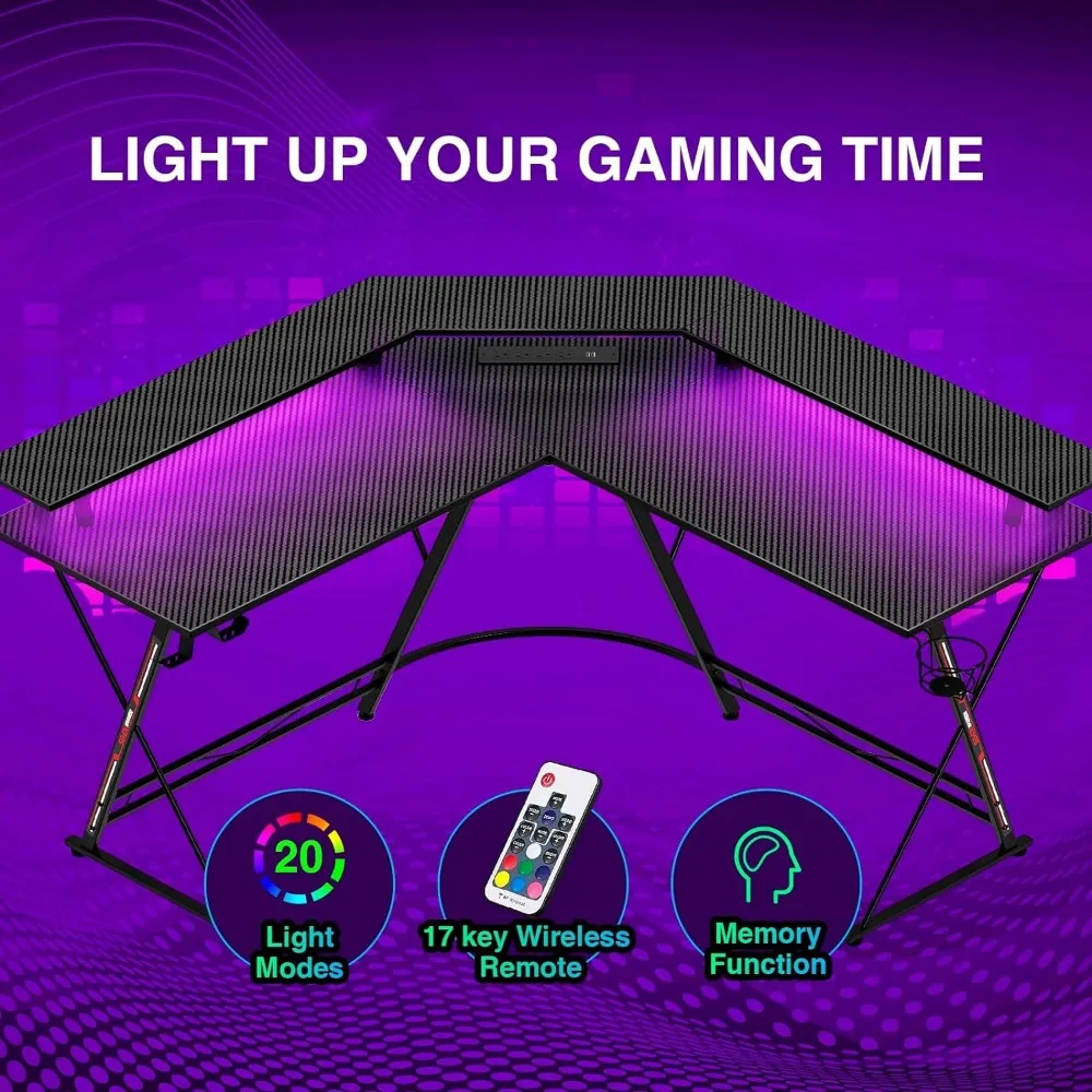 L Shaped Gaming Desk with LED Lights & Power Outlets, 50.4” Computer Desk with Monitor Stand & Carbon Fiber Surface