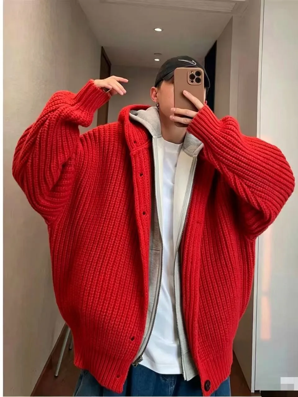 Loose Fit Men's Knitted Hoodie Cardigan Thick Needle Korean Style Warm Long Sleeve Coat Button up Casual Outerwear Top