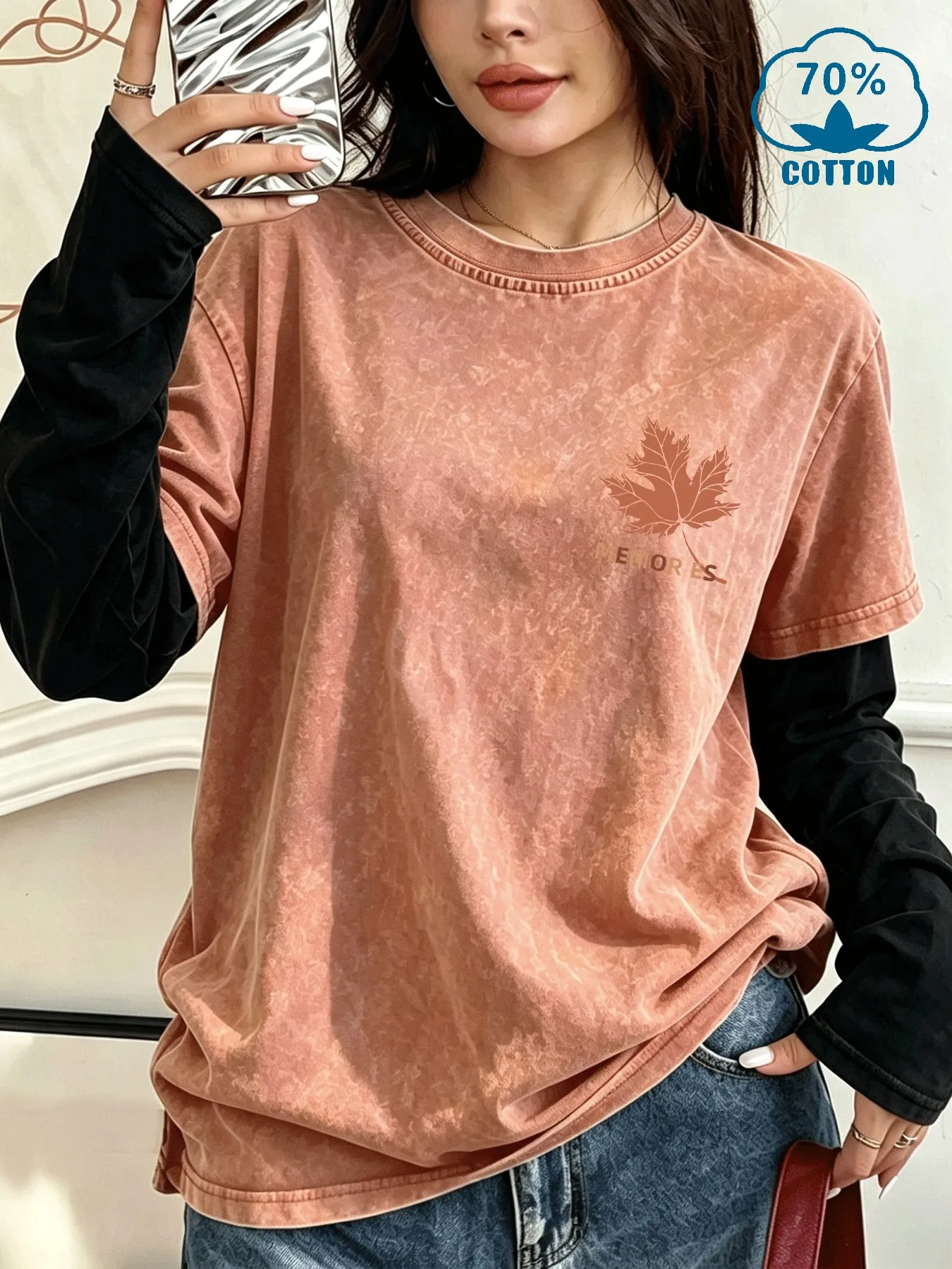 Women's Washed Fake Two-Piece Maple Leaf Print T-Shirt, Fashion Casual Versatile Cotton Blend Fake Two-Piece