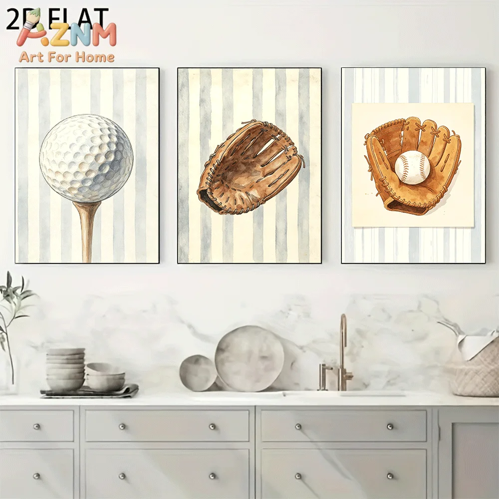 AZNM Frameless Canvas Wall Art, Watercolor Golf Ball Baseball Glove Print, Vintage Sports Equipment Wall Decor for Living Room B