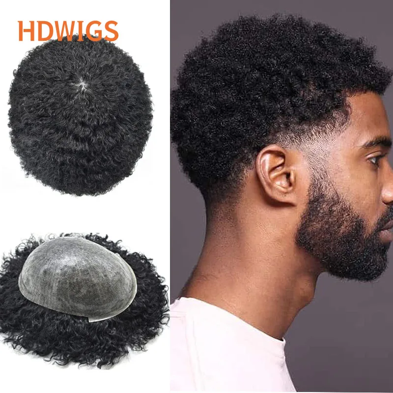 Curly Men Toupee Human Hair Full PU 0.06-0.08mm Thin Skin Human Hair Wigs Vloop Invisible Hairline Soft Human Hair System Units