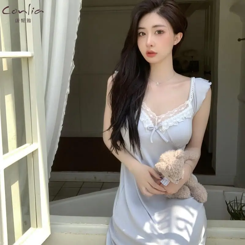 Pajamas female modal with cushion nightgown summer V-neck sexy lace camisole nightgown homewear