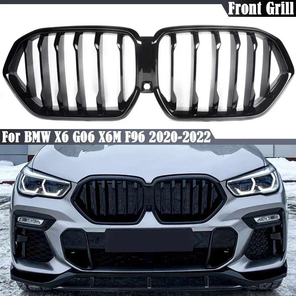 

1-Slat глянцевый черный Передний гриль для BMW X6 G06 X6M F96 2020-2022, бампер, гоночная решетка, капот, автомобильные аксессуары