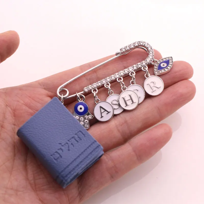 ZKD customise english name Tehillim book Hebrew blue blessing brooch pin evil eye hamsa protection jewish gift