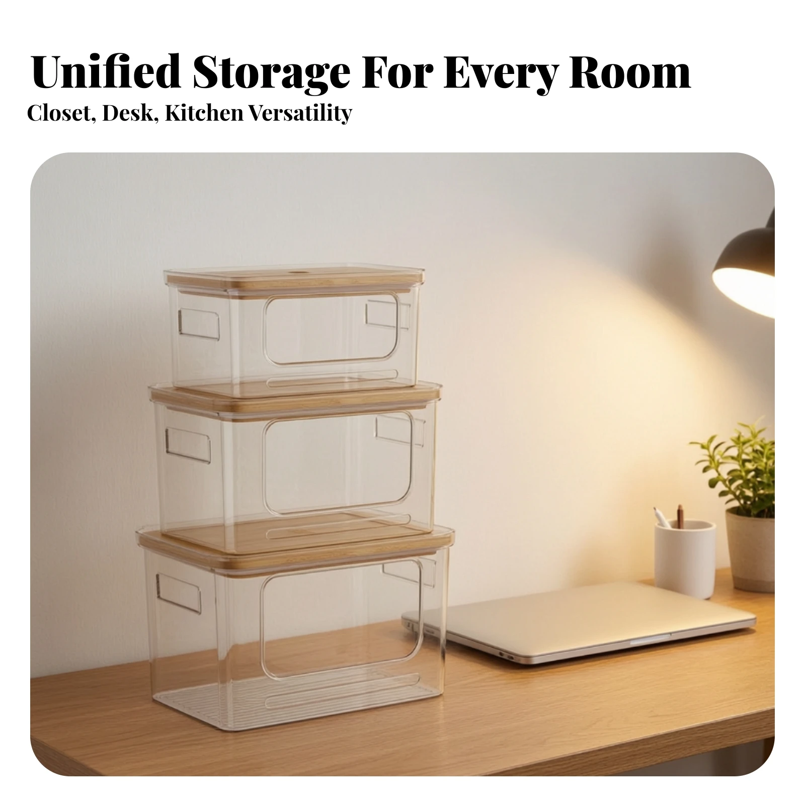 3 Pieces Plastic Boxes with Bamboo Lids Transparent Clear Containers with Wooden Lids Stackable Storage Box BPAwithout Food-Safe