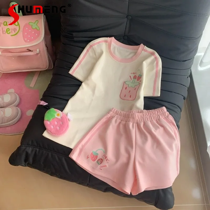 

Kawaii Sweet Strawberry Embroidered 2 Piece Sets Japanese Slim Fit Short Sleeves T-shirt Shorts Casual Daily Wear Summer Clothes