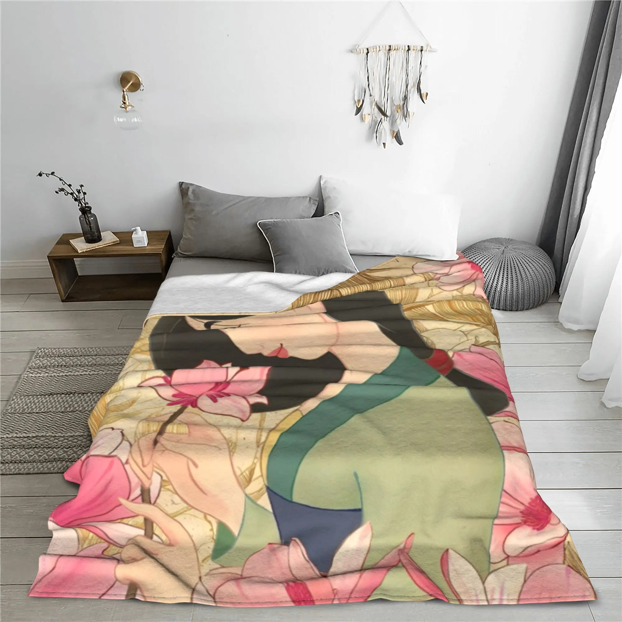 Mulan Princess Beaty Cartoon Knitted Blankets Cute Mushu Flannel Throw Blanket Bedroom Printed Lightweight Multifunction Quilt