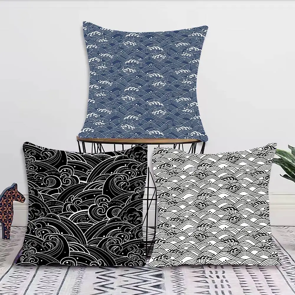 Multi‑Style Ocean Wave Pattern Pillow Cover, Blue Grey Monochrome Sea Water Texture Printed Cushion Case Sofa Bedroom Decor