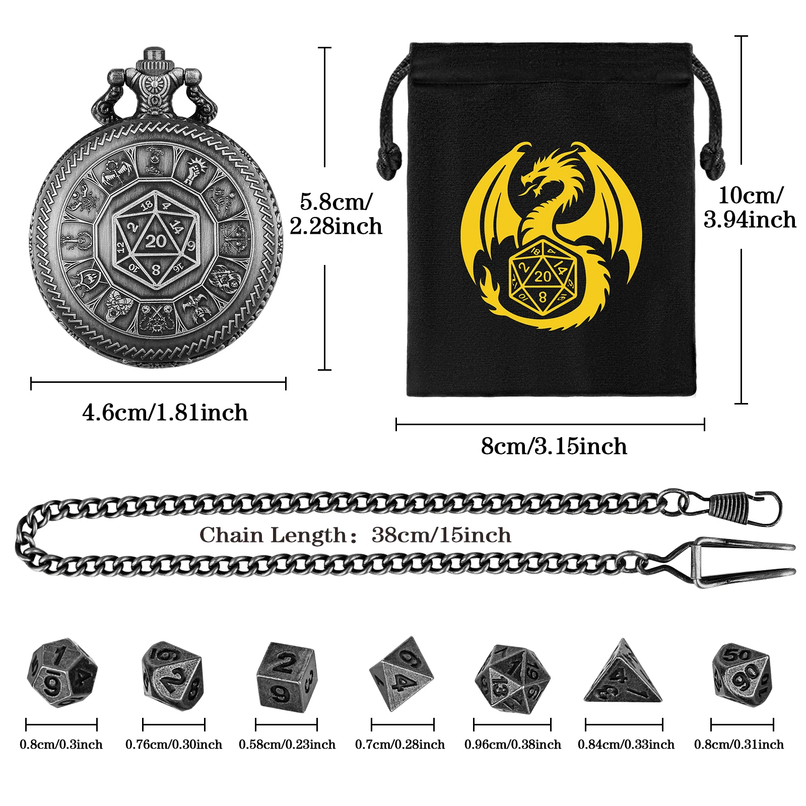 5pcs Metal D20 Polyhedral Dice Pocket Watch Case Mini Dice Set Vintage Fob Chain Pendant Gift for Role-playing Game Lovers