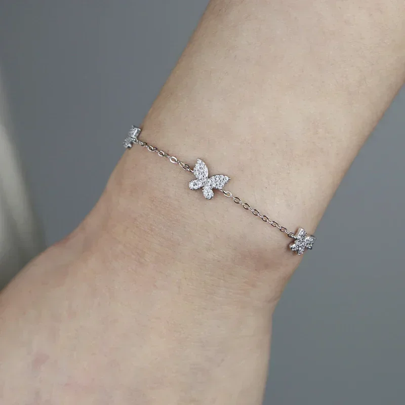 

925 Sterling Silver Valentine's Day Gift For Women Jewelry Mini Cute Lovely Butterfly Bling Clear CZ Thin Hand Chain Bracelets