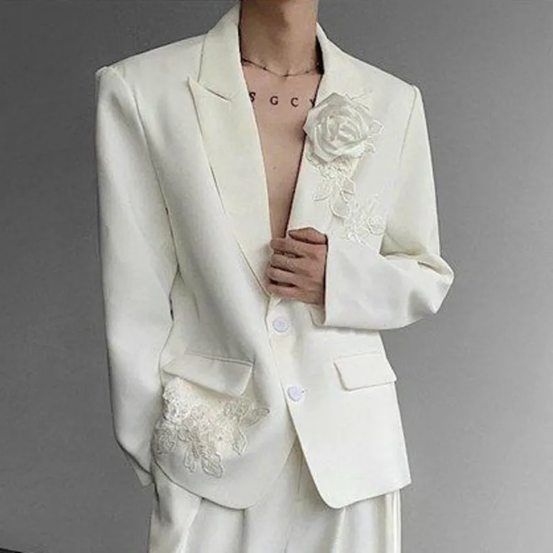 WVGA Spring Autumn New Men Tide Heavy Embroidery 3D Flower Suit Jackets Niche Chic Casual Elegant Turn-Down Collar Blazer W18129