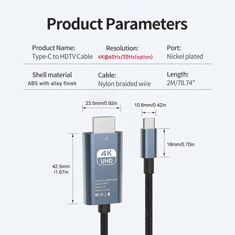 USB C to HDMI Cable 4K 60Hz/30Hz Type C to HDMI HDTV Video Cable for Apple Macbook pro air Mini Iphone 15 pro Max Dell XPS15