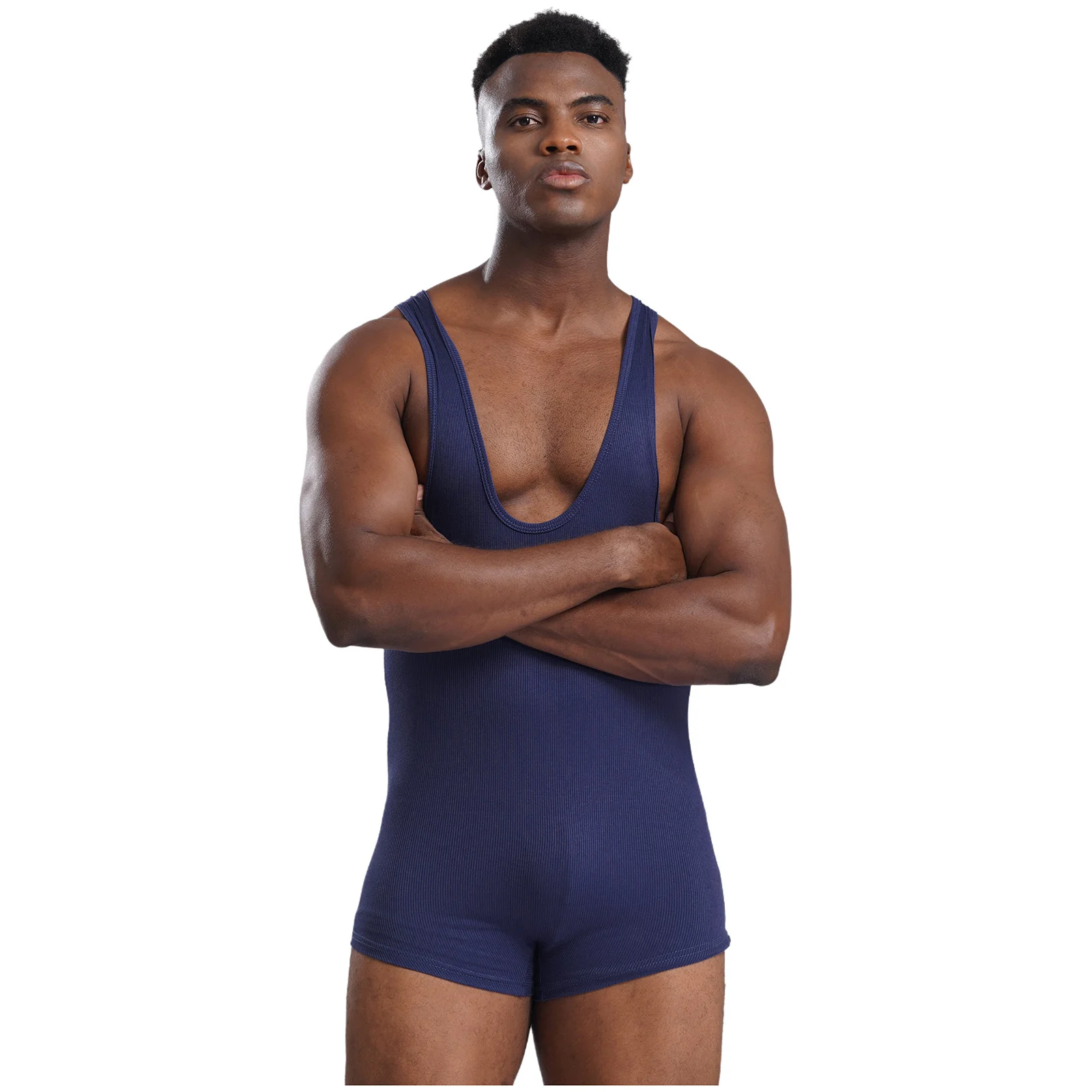 Mens Lingerie Shorts Wrestling Jumpsuit U Neck Sleeveless Stretchy Body Shaper Bodybuilding Gym Fitness Lounging Bodysuit