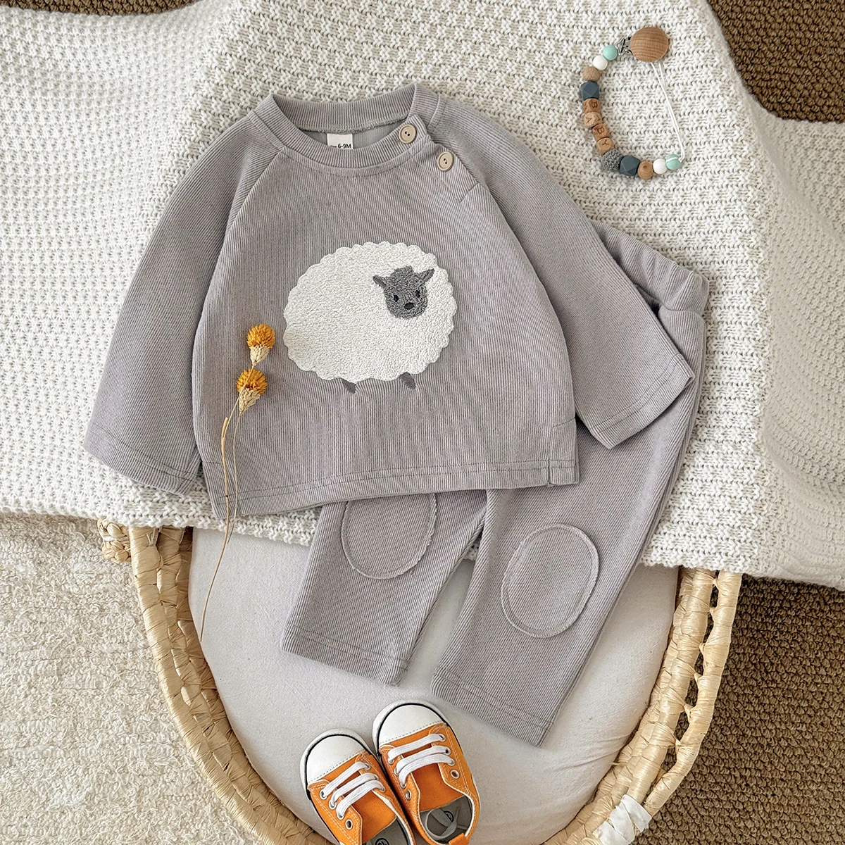 Baby Girl Clothes Cotton Spring Fall Baby Boy Clothing Lamb Pattern Towel Embroidery Top+Casual Knee Protection Pants Sets