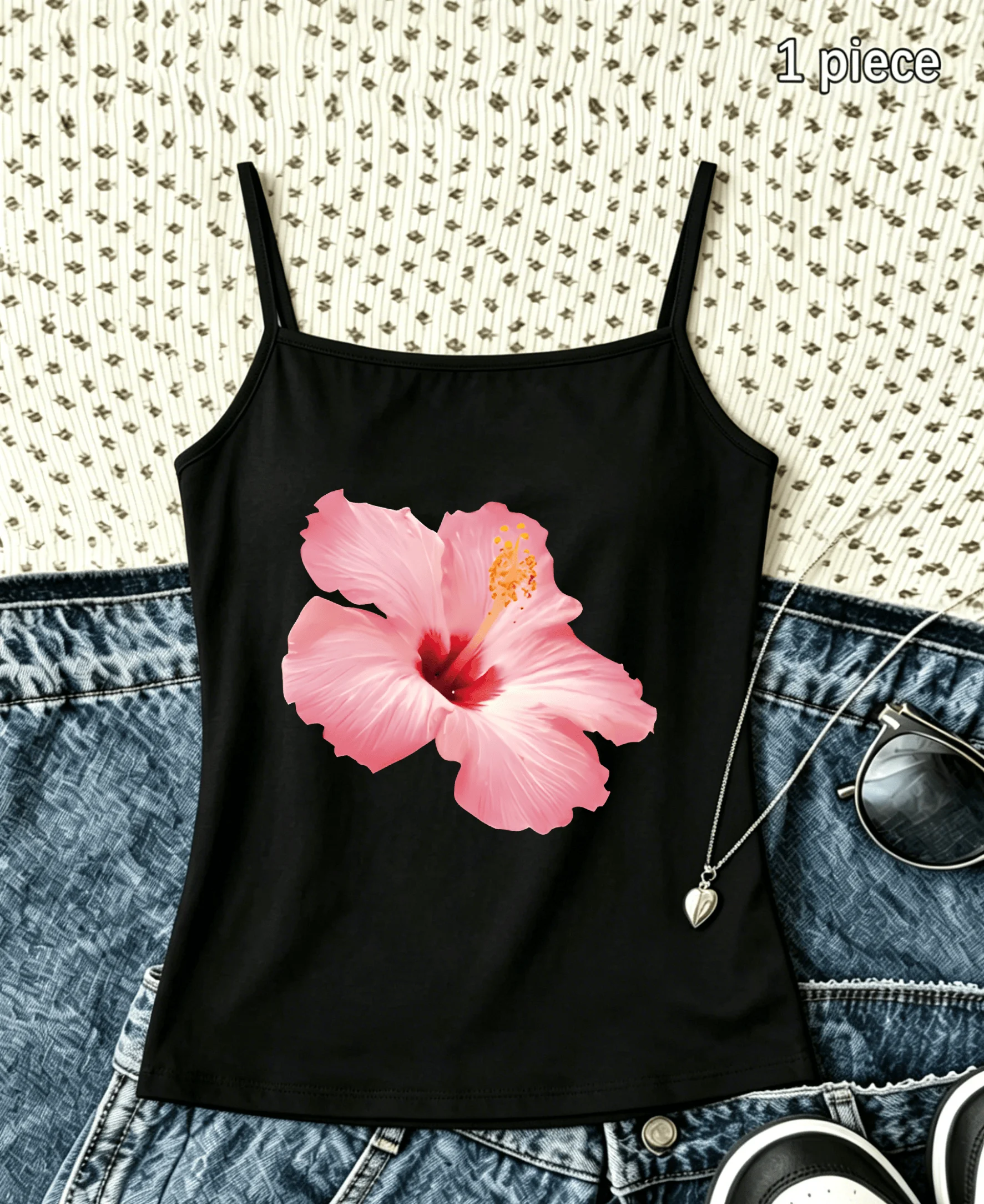 Tropical Pink Hibiscus Realistic Floral Spaghetti Strap Camisole Women Sleeveless Tank Top Beach‑Inspired Vacation Casual Vest