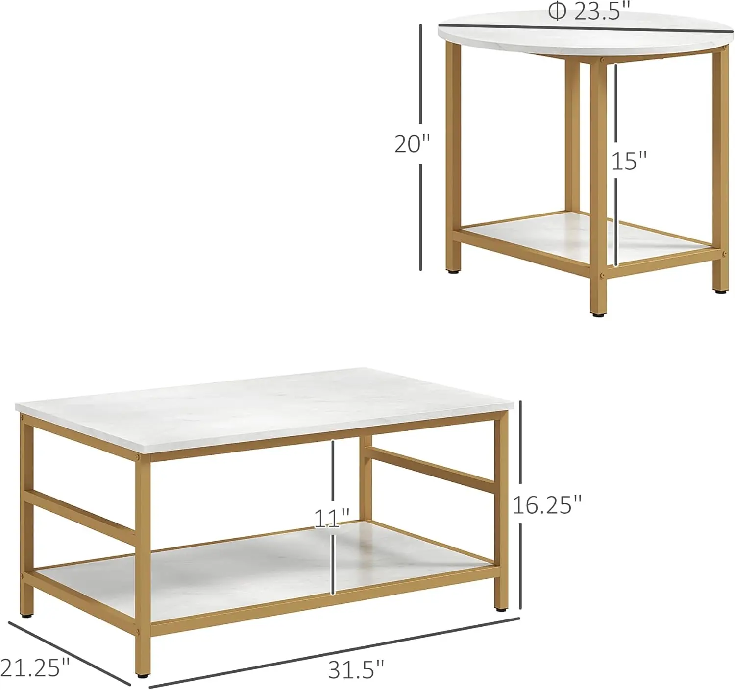 Homcom-Mesas de Café com Prateleiras De Armazenamento, Top De Mármore Falso, Steel Frame, 2-Rier Retângulo e Mesa de Café Redonda, Conjunto de 2