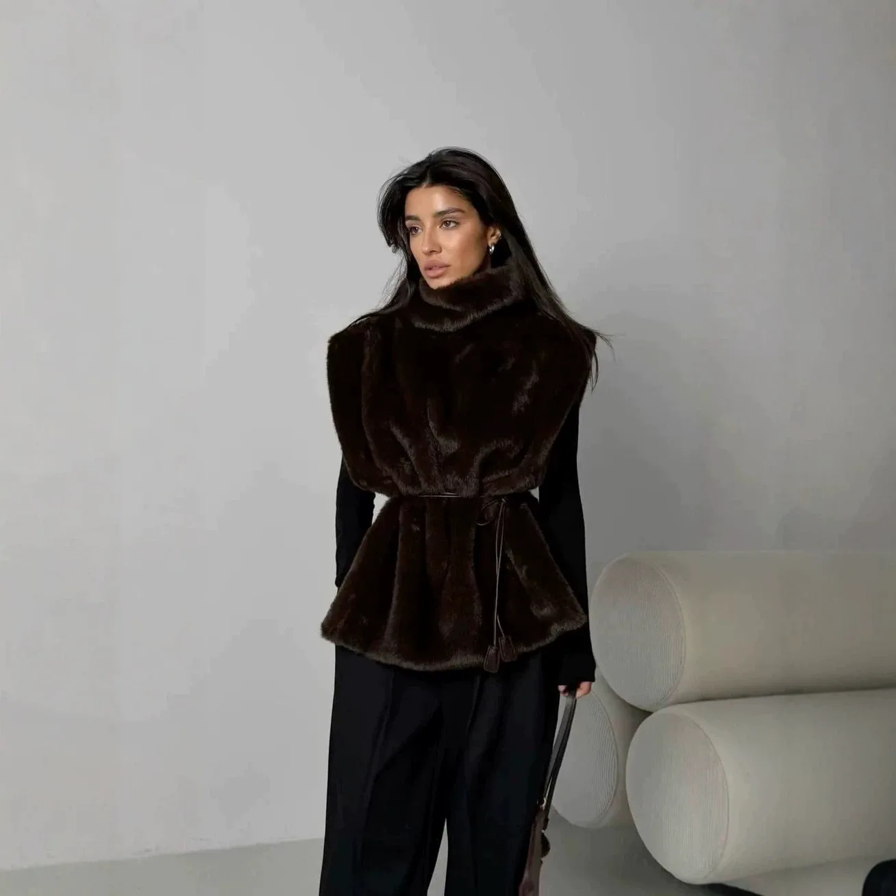Autumn Winter Women's Vest Plush Fur Sleeveless Outerwear Warm  Color Long Length High Collar Loose Fit Chinese Style