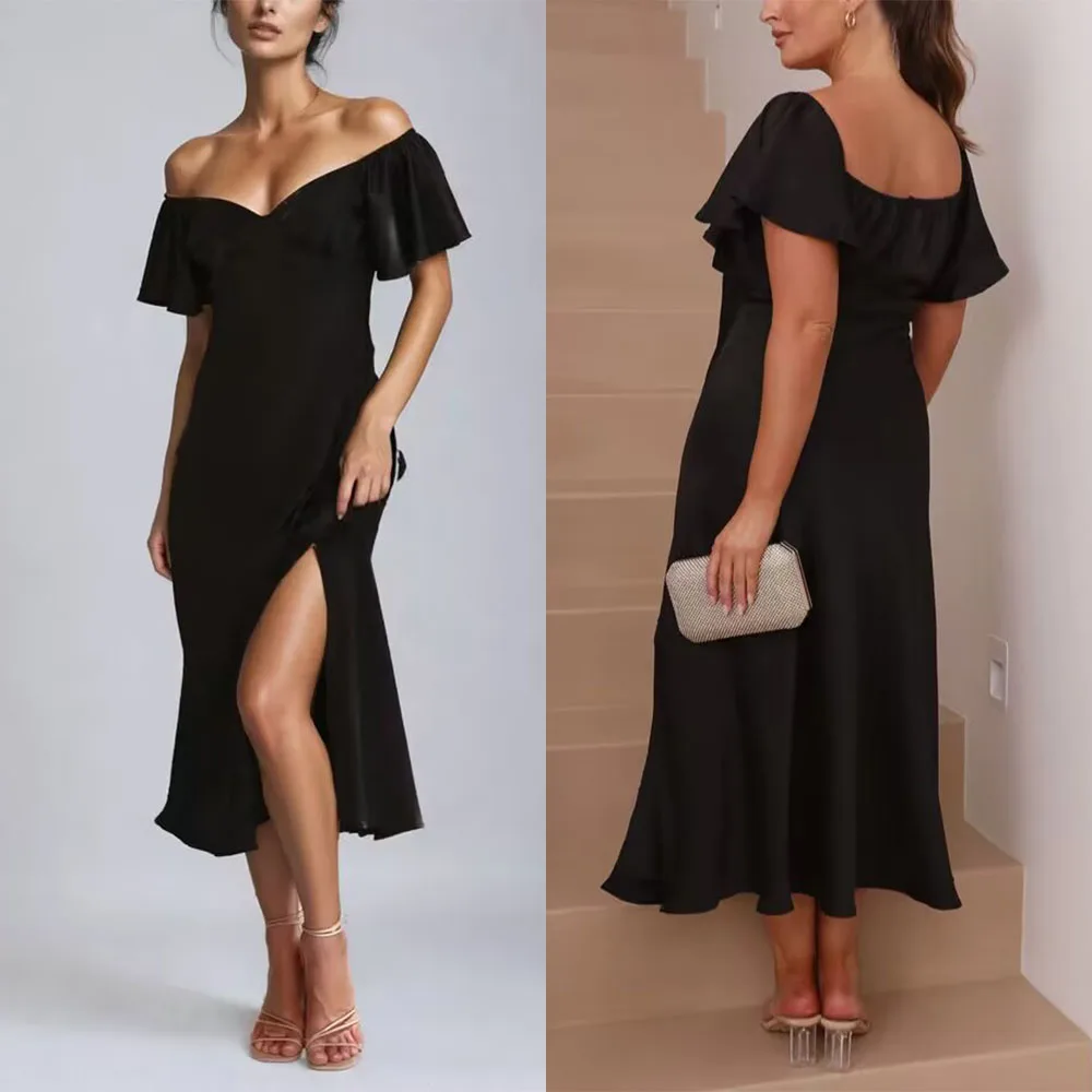 

Customized V-neck Black Ankle Length Backless Off Shoulder Vestidos En Liquidación Elegante Fiestas فساتين سهرة سعيد شارون Robe
