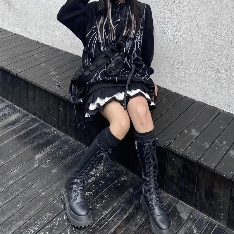 HOUZHOU Khu Goth Gothic Ren Xù Mini Váy Nữ Bông Tai Kẹp Cổ Tích Grunge Đen Váy Xếp Ly Nhật Bản Lolita DẠO PHỐ