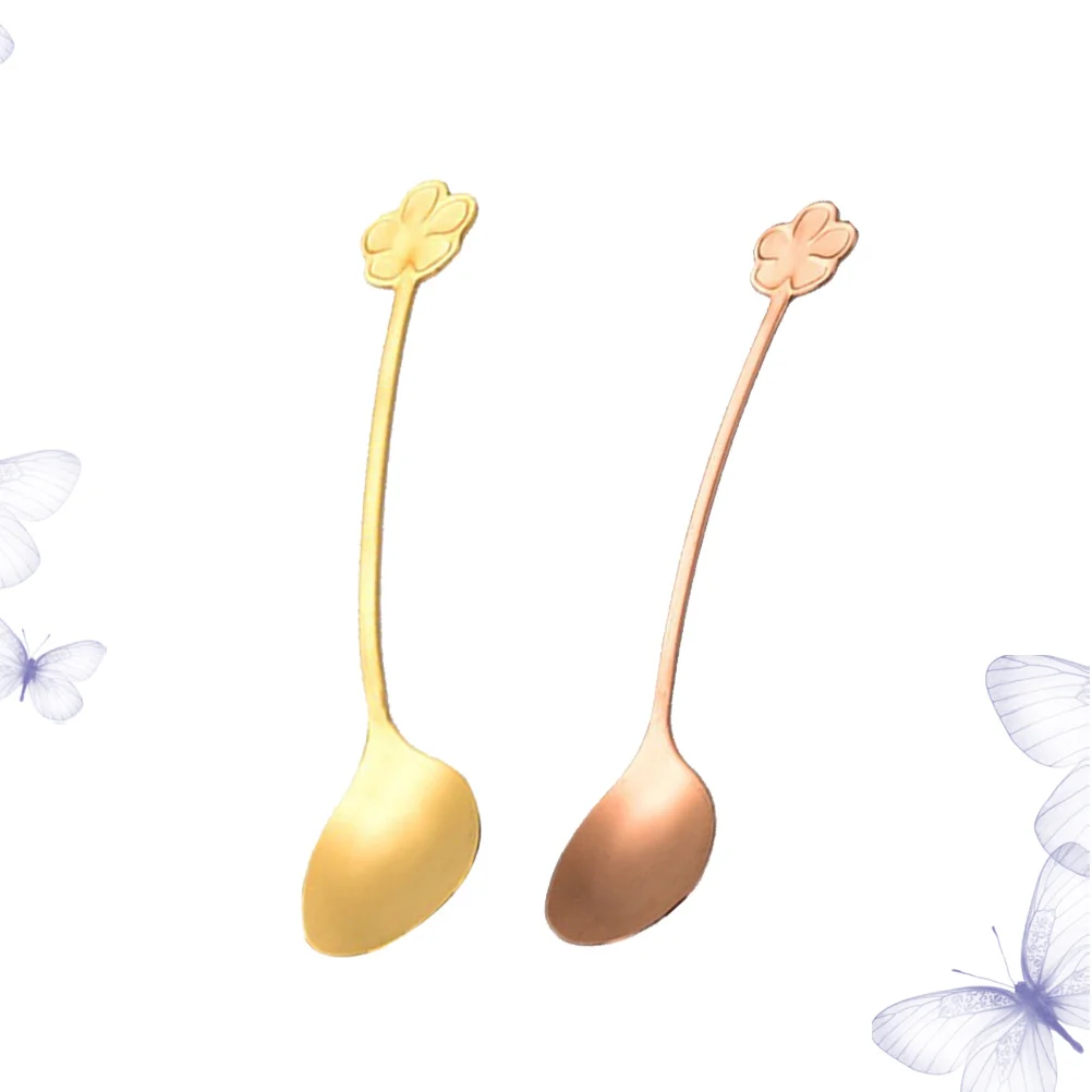 

2Pcs Gold Plated Stainless Steel Coffee Spoon Thickened Dessert Scoop Unique Four-Leaf Clover Spoon for Home Restaurant