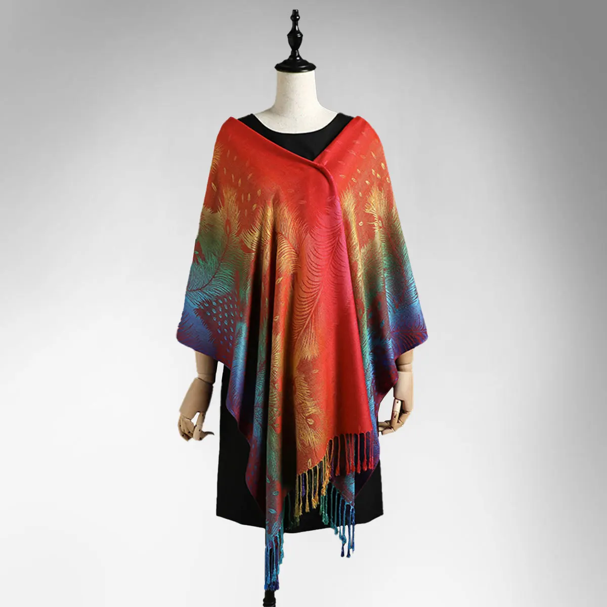 Rainbow Gradient Tassel Shawl, Extra Long Colorful Jacquard Wrap, Feather Design Fringe Scarf for Women