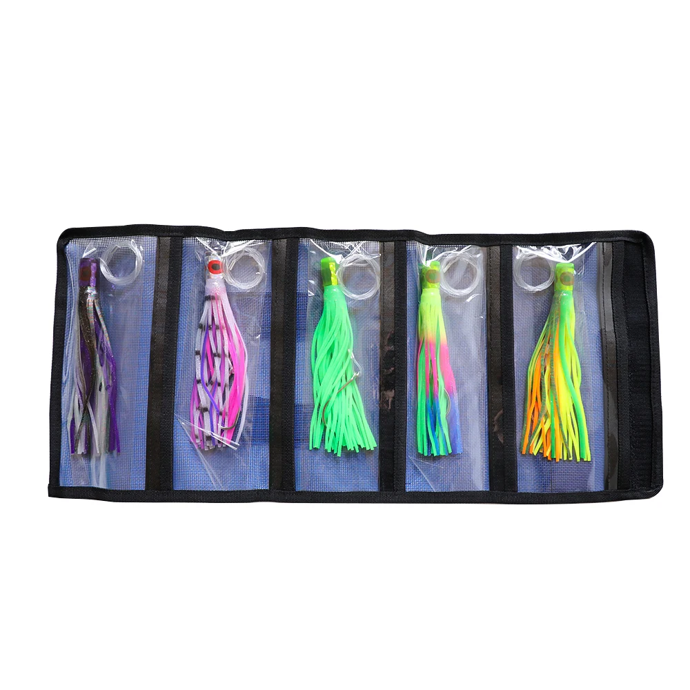 5pcs/pack Fully Rigged Trolling Lures Rigged Tuna Hook and Wire Leader 8 inch Resin Head PVC Skirts Trolling Lure Packs