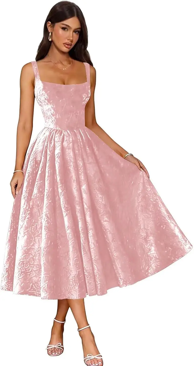 

Роскошное вечернее платье из жаккардового атласа 2026 года с цветочным узором, квадратным вырезом, длиной миди, с драпировкой, элегантное, для выпускного вечера/балов