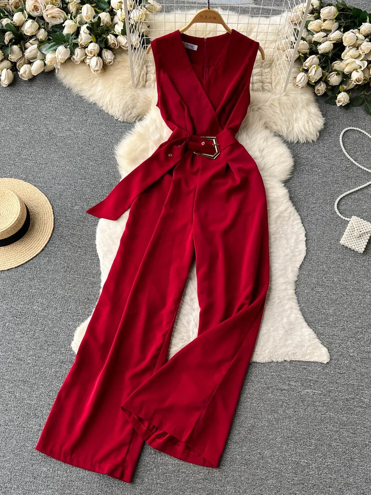 

Summer Vintage V-Neck Wide Leg Jumpsuits Women Elegant Red/Green/Orange Sleeveless High Waist Romper With Belts New Fashion 2023