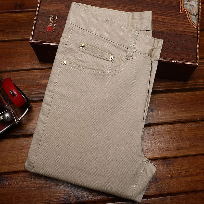 بنطال جينز رجالي صيفي بقصة ضيقة وأقدام صغيرة بسيط ومتعدد الاستخدامات كاكي مرن عصري