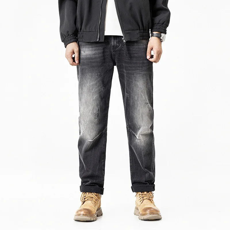 Retro black and gray jeans men 2025, with a scraped and polished white design, straight leg elastic pants