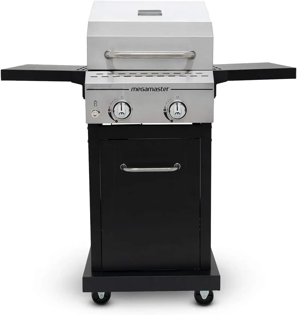 Megamaster 2-Burner Propane Barbecue Gas Grill with Foldable Side Tables, Perfect for Camping, Outdoor Cooking