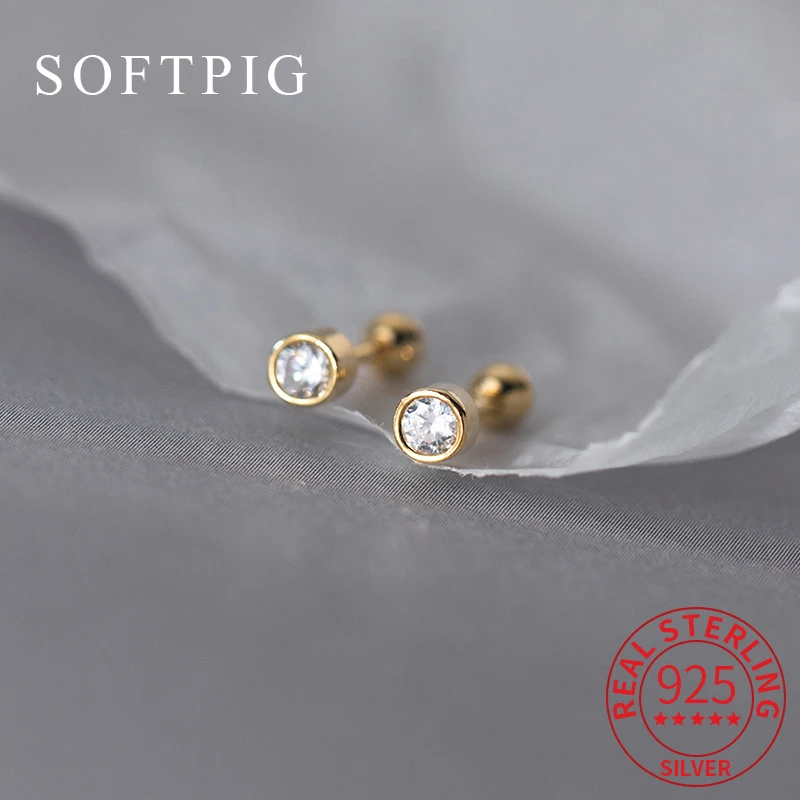 

SOFTPIG Real 925 Sterling Silver 4MM Zircon Round Mini Stud Earrings for Women Fine Jewelry Piercing Screw Bead Accessories