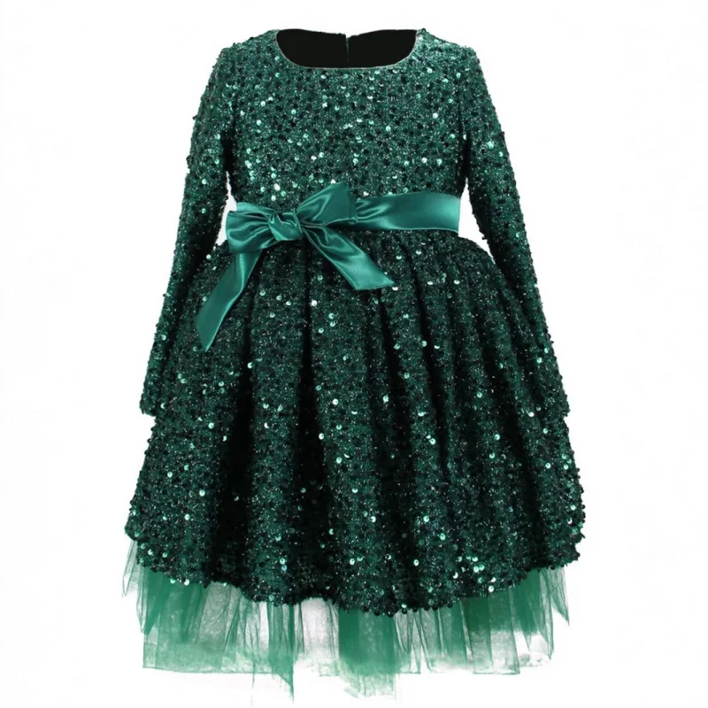 

Girls Sequin Long Sleeve Dress European and American Children's Bow Short Christmas Party Dress