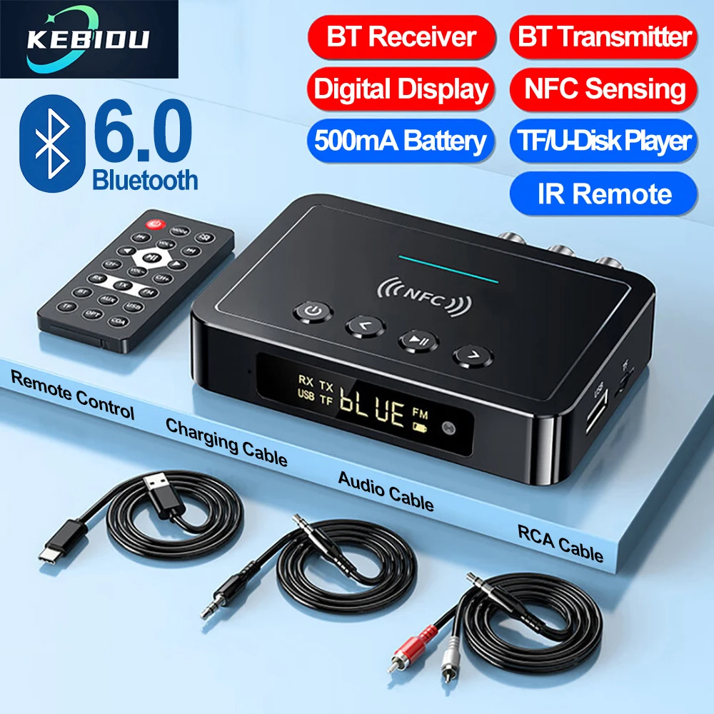 Bluetooth6.0 Receiver Transmitter FM Stereo AUX 3.5mm TF U-disk RCA Optical Wireless Audio Adapter Remote Control For TV Car Kit