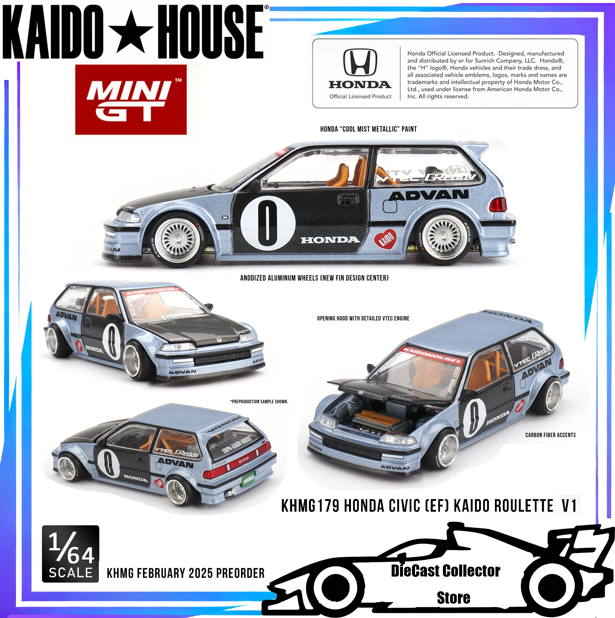 Kaido House MINIGT 1/64 Honda Civic (EF) Kaido Roulette V1 Alloy Car Model Children Gifts