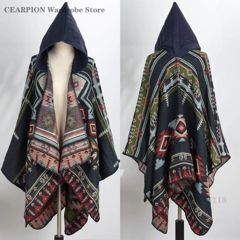 

Мужчины Женщины Осень Зима Пончо Плащ с принтом пашмины Национальный стиль Дорожный шарф Пальто с капюшоном Шаль Теплые пончо Накидки Куртка
