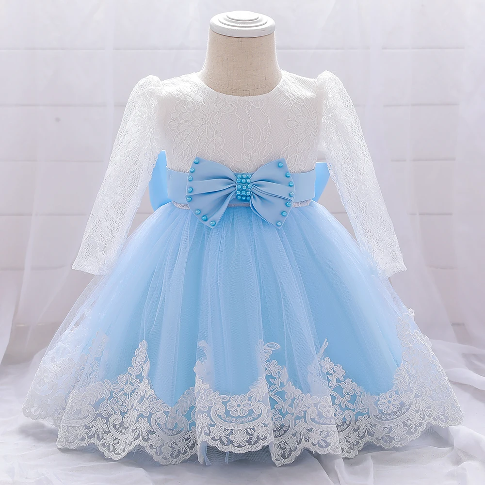 Elegant Long Sleeve Baby Girl Dresses Big Bow Party Wedding Girl Lace Dresses Infant Girl 1st Birthday Princess Baptism Costumes