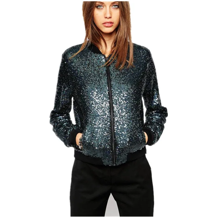 Fashionable Sporty Full Sequin Baseball Jacket Casual Leisure Women's Clothing City Walk Standard Fit Long Sleeve Zipper Closure